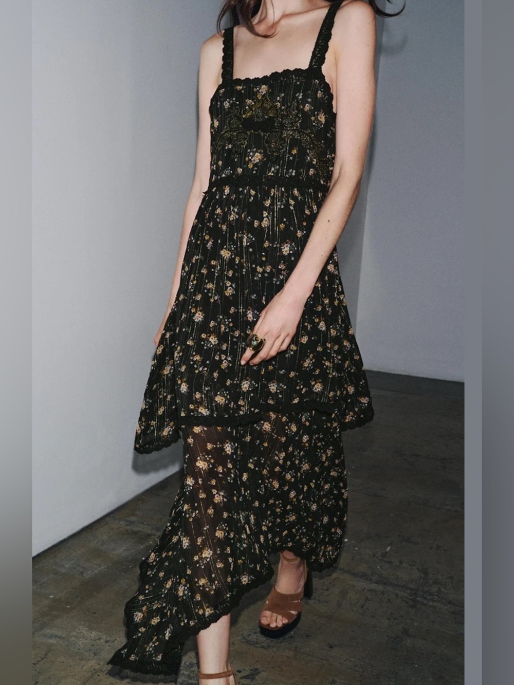 Limited edition Zara Black Floral Tiered Midi Dress with Lace Straps